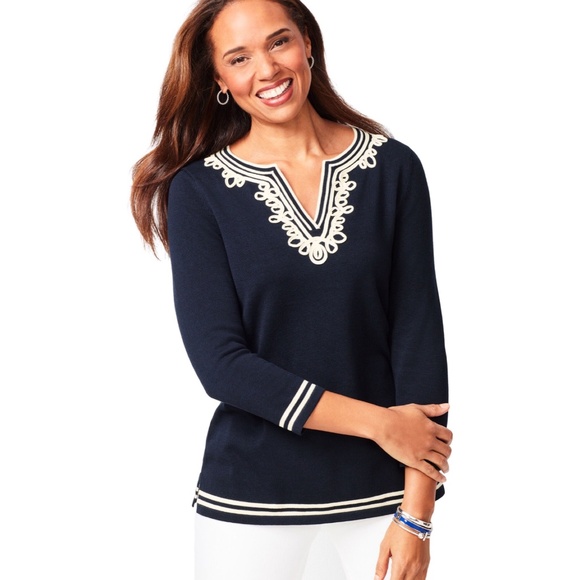 NWT: Talbots Women's Embellished Split-Neck Sweater; Navy Blue; Plus Size 1X - Picture 2 of 12